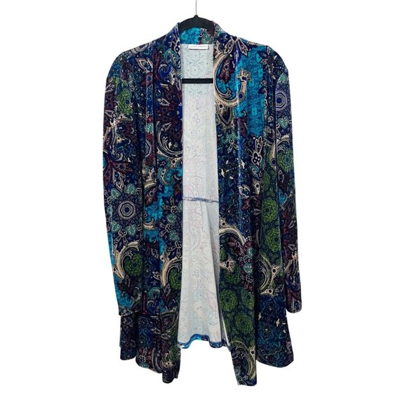 Susan Graver Multicolor Paisley Print Velvet Open Front Cardigan - Size XL - Picture 1 of 5
